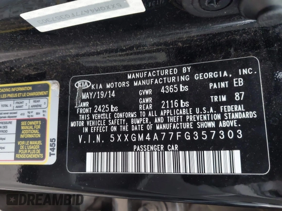 2015 Kia Optima LX with VIN 5XXGM4A77FG357303, listed as a IAAI auction lot 42078648 with 181,904 mi miles. Bid and sale history available at carsss.com. Image 9.