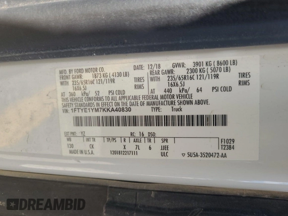2019 Ford Transit with VIN 1FTYE1YM7KKA40830, listed as a IAAI auction lot 42715724 with 182,589 mi miles and . Bid and sale history available at DreamBid. Image 18.