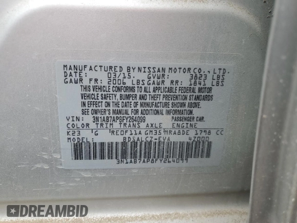 2015 Nissan Sentra S with VIN 3N1AB7AP8FY264099, listed as a Copart auction lot 80382924 with 147,512 mi miles and Salvage Title. Bid and sale history available at carsss.com. Image 12.