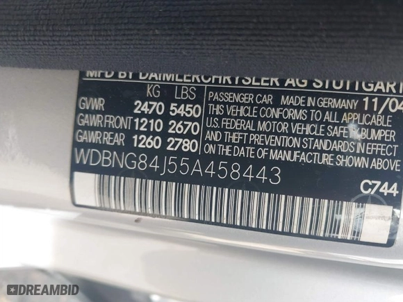 2005 Mercedes-Benz S-Class 5.0L with VIN WDBNG84J55A458443, listed as a IAAI auction lot 41804975 with 180,101 mi miles. Bid and sale history available at carsss.com. Image 9.