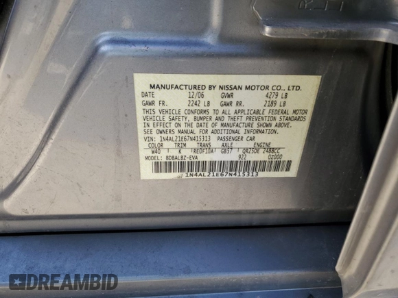 2007 Nissan Altima 2.5 with VIN 1N4AL21E67N415313, listed as a Copart auction lot 41569805 with 0 mi miles and Salvage Title. Bid and sale history available at carsss.com. Image 13.