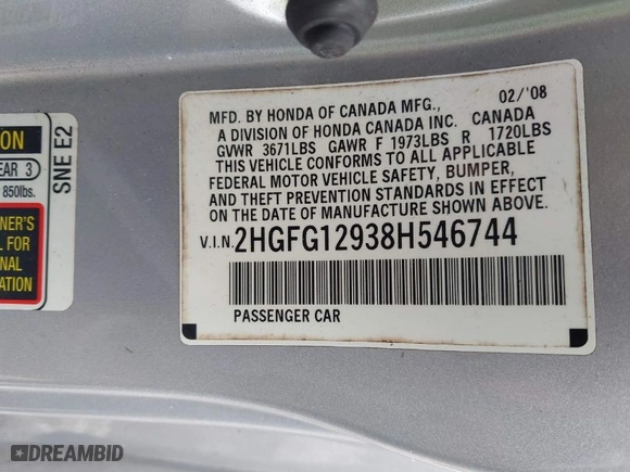 2008 Honda Civic Cpe EX-L with VIN 2HGFG12938H546744, listed as a IAAI auction lot 41526059 with 232,981 mi miles. Bid and sale history available at carsss.com. Image 9.