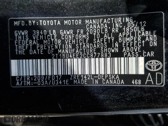 2012 Toyota Corolla L with VIN 2T1BU4EE2CC877883, listed as a Copart auction lot 53095055 with 139,644 mi miles and Salvage Title. Bid and sale history available at carsss.com. Image 12.