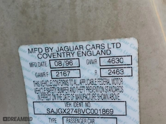 1997 Jaguar XK8 with VIN SAJGX2748VC001869, listed as a Copart auction lot 75406464 with 0 mi miles and Salvage Title. Bid and sale history available at carsss.com. Image 13.