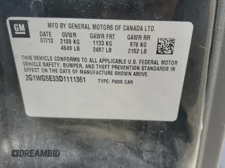 2013 Chevrolet Impala LT with VIN 2G1WG5E33D1111361, listed as a Copart auction lot 54895745 with 184,978 mi miles and Clean Title. Bid and sale history available at DreamBid. Image 12.