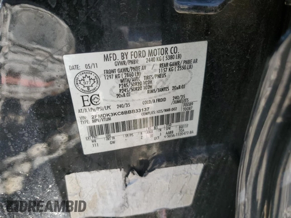 2011 Ford Edge Limited with VIN 2FMDK3KC8BBB33137, listed as a Copart auction lot 52312845 with 153,680 mi miles and Clean title. Bid and sale history available at DreamBid. Image 14.
