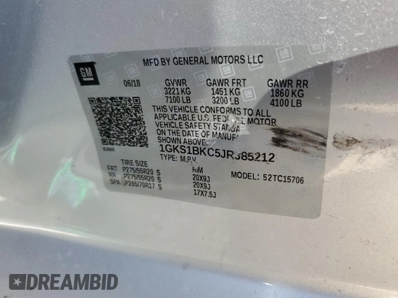 2018 GMC Yukon SLT with VIN 1GKS1BKC5JR385212, listed as a Copart auction lot 84264444 with 0 mi miles and Salvage Title. Bid and sale history available at carsss.com. Image 14.