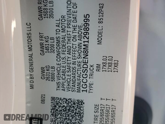 2021 Chevrolet Colorado 2WD Z71 with VIN 1GCGSDEN8M1298995, listed as a Copart auction lot 43465845 with Not provided miles and Salvage title. Bid and sale history available at DreamBid. Image 13.