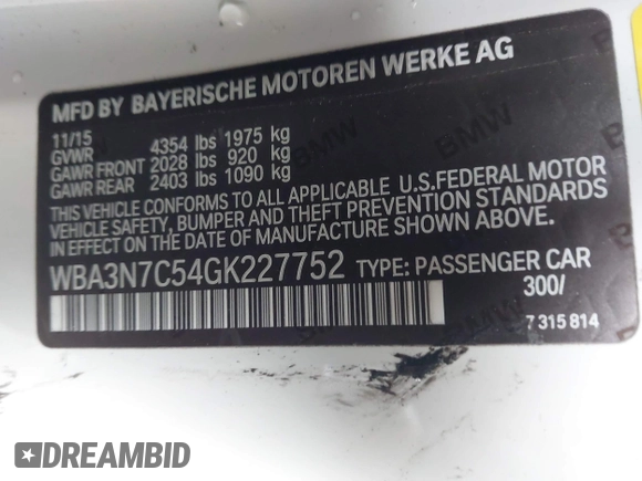 2016 BMW 4 Series 428i with VIN WBA3N7C54GK227752, listed as a IAAI auction lot 42003116 with 127,085 mi miles and . Bid and sale history available at DreamBid. Image 9.