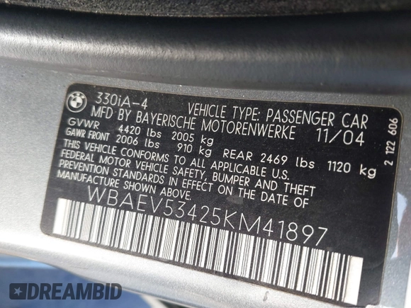 2005 BMW 3 Series 330i with VIN WBAEV53425KM41897, listed as a IAAI auction lot 41818391 with 155,731 mi miles. Bid and sale history available at carsss.com. Image 9.