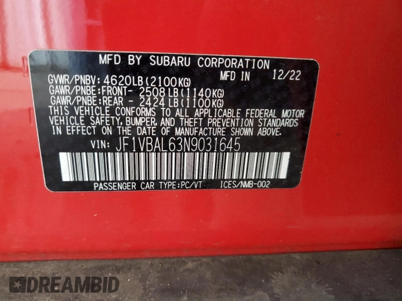 2022 Subaru WRX Limited с VIN JF1VBAL63N9031645, выставлен на аукционе Copart как лот 64770975 с пробегом 10 655 миль миль и Списание • Salvage title. История ставок и продаж доступна на DreamBid. Изображение 13.