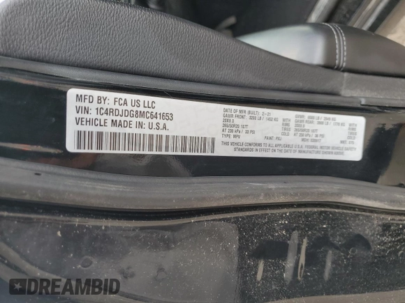 2021 Dodge Durango GT Plus with VIN 1C4RDJDG8MC641653, listed as a Copart auction lot 56754335 with 68,383 mi miles and Non repairable. Bid and sale history available at DreamBid. Image 13.