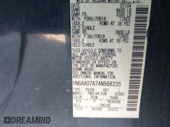 2004 Nissan Titan LE with VIN 1N6AA07A74N568235, listed as a IAAI auction lot 41713080 with 187,318 mi miles and . Bid and sale history available at DreamBid. Image 9.