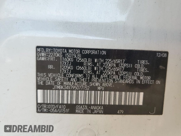 2009 Toyota RAV4 Ltd with VIN JTMBK34V795077152, listed as a Copart auction lot 68341154 with 189,649 mi miles and Salvage Title. Bid and sale history available at carsss.com. Image 13.