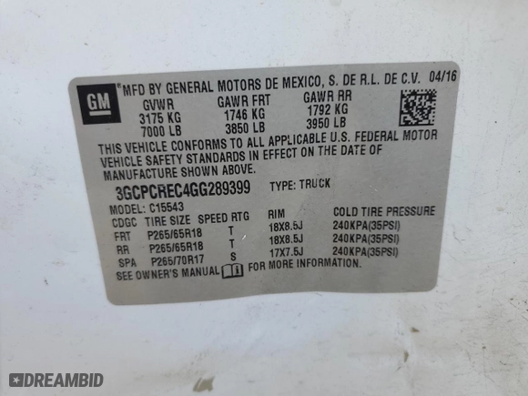 2016 Chevrolet Silverado 1500 LT with VIN 3GCPCREC4GG289399, listed as a Copart auction lot 43564845 with 79,642 mi miles and Salvage Title. Bid and sale history available at carsss.com. Image 12.