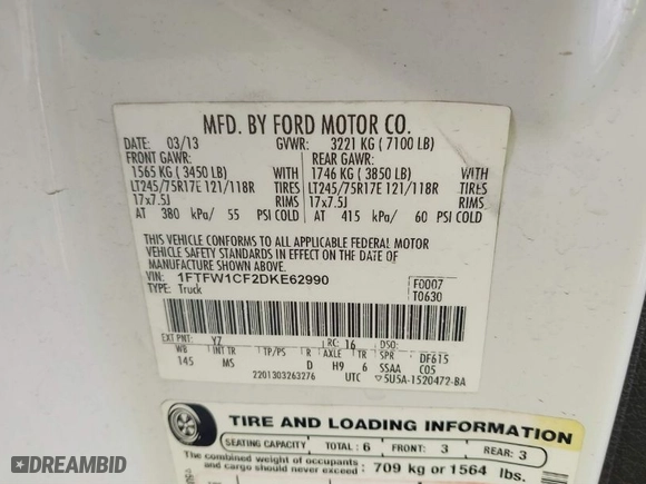 2013 Ford F-150 XL with VIN 1FTFW1CF2DKE62990, listed as a IAAI auction lot 41767912 with 257,503 mi miles. Bid and sale history available at carsss.com. Image 9.