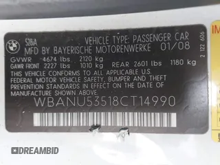 2008 BMW 5 Series 528i with VIN WBANU53518CT14990, listed as a IAAI auction lot 41921482 with 257,615 mi miles and . Bid and sale history available at carsss.com. Image 9.