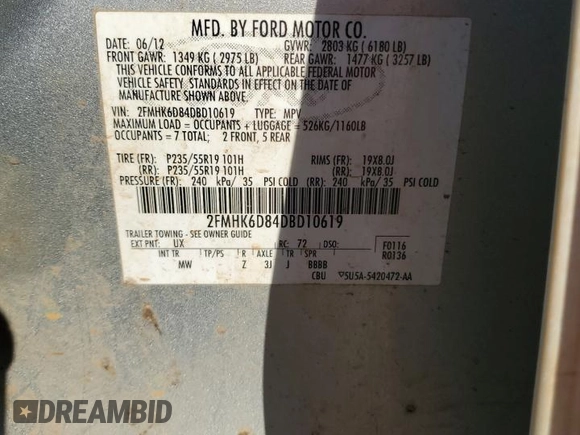 2013 Ford Flex Limited with VIN 2FMHK6D84DBD10619, listed as a Copart auction lot 73090764 with 0 mi miles and Salvage Title. Bid and sale history available at carsss.com. Image 13.