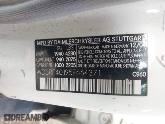 2005 Mercedes-Benz C 230 Kompressor with VIN WDBRF40J95F664371, listed as a IAAI auction lot 42423721 with 173,536 mi miles and . Bid and sale history available at DreamBid. Image 9.