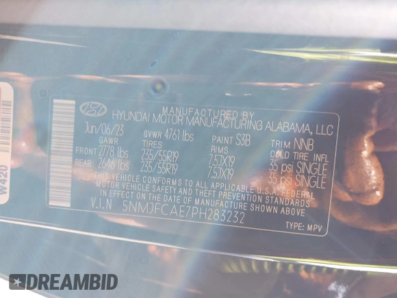 2023 Hyundai Tucson SEL with VIN 5NMJFCAE7PH283232, listed as a IAAI auction lot 39676223 with 7,893 mi miles and . Bid and sale history available at DreamBid. Image 9.