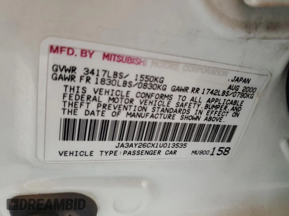 2001 Mitsubishi Mirage ES z VIN JA3AY26CX1U013535, wystawiony jako Copart lot #57664885 z przebiegiem 159 095 mil mil oraz Szkoda całkowita • Salvage title. Historia ofert i sprzedaży dostępna na DreamBid. Obrazek 12.
