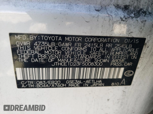 2015 Lexus IS 350 with VIN JTHCE1D23F5008300, listed as a Copart auction lot 74516744 with 96,320 mi miles and Salvage title. Bid and sale history available at DreamBid. Image 12.