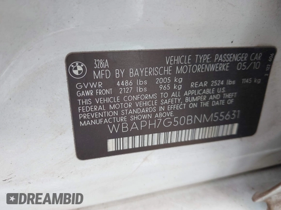 2011 BMW 3 Series 328i with VIN WBAPH7G50BNM55631, listed as a IAAI auction lot 41708771 with 196,086 mi miles. Bid and sale history available at carsss.com. Image 9.