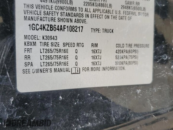 2010 Chevrolet Silverado 3500HD SRW Work Truck with VIN 1GC4KZB64AF108217, listed as a Copart auction lot 45854145 with 288,121 mi miles and Salvage Title. Bid and sale history available at DreamBid. Image 15.