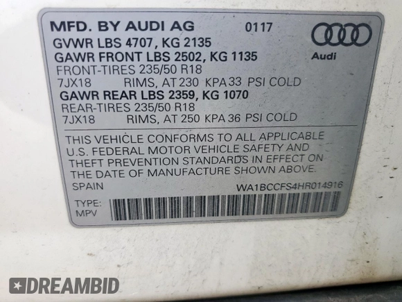 2017 Audi Q3 Premium with VIN WA1BCCFS4HR014916, listed as a Copart auction lot 57602295 with 92,348 mi miles and Salvage title. Bid and sale history available at DreamBid. Image 14.