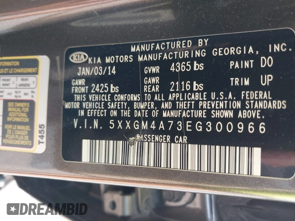 2014 Kia Optima LX with VIN 5XXGM4A73EG300966, listed as a IAAI auction lot 42048798 with 110,478 mi miles. Bid and sale history available at carsss.com. Image 9.