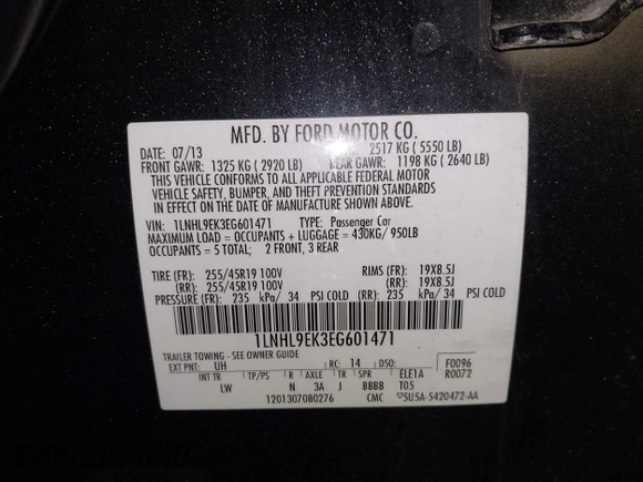 2014 Lincoln MKS with VIN 1LNHL9EK3EG601471, listed as a IAAI auction lot 41142126 with 110,432 mi miles. Bid and sale history available at carsss.com. Image 9.