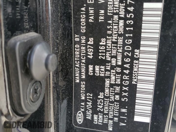 2013 Kia Optima SX с VIN 5XXGR4A62DG113547, выставлен на аукционе Copart как лот 58620955 с пробегом Не указан миль и Списание • Salvage title. История ставок и продаж доступна на DreamBid. Изображение 12.