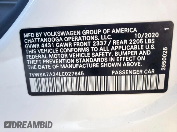 2020 Volkswagen Passat SE with VIN 1VWSA7A34LC027645, listed as a Copart auction lot 57432495 with 120,256 mi miles and Salvage title. Bid and sale history available at DreamBid. Image 12.