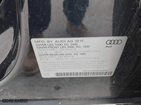 2015 Audi Q5 Premium Plus with VIN WA1LFAFP8FA099671, listed as a IAAI auction lot 42041178 with 169,242 mi miles. Bid and sale history available at carsss.com. Image 9.