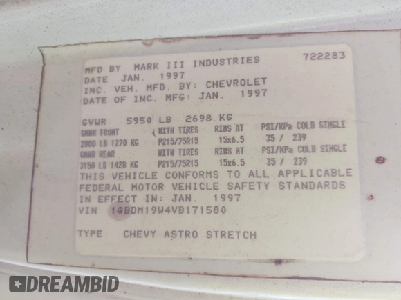 1997 Chevrolet Astro Cargo YF7 z VIN 1GBDM19W4VB171580, wystawiony jako IAAI lot #41778404 z przebiegiem 173 074 mil mil oraz . Historia ofert i sprzedaży dostępna na DreamBid. Obrazek 9.