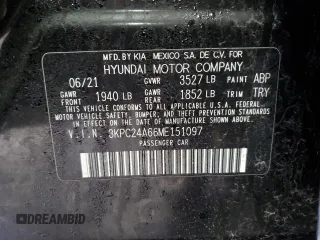 2021 Hyundai Accent SE with VIN 3KPC24A66ME151097, listed as a Copart auction lot 57723605 with Not provided miles and Non repairable. Bid and sale history available at DreamBid. Image 13.