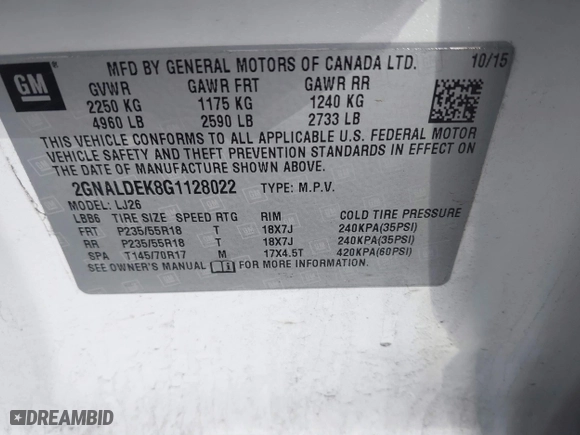 2016 Chevrolet Equinox LTZ with VIN 2GNALDEK8G1128022, listed as a IAAI auction lot 41843786 with 123,538 mi miles. Bid and sale history available at carsss.com. Image 9.