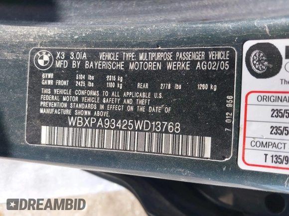 2005 BMW X3 3.0i z VIN WBXPA93425WD13768, wystawiony jako IAAI lot #42463088 z przebiegiem 142 877 mil mil oraz . Historia ofert i sprzedaży dostępna na DreamBid. Obrazek 9.