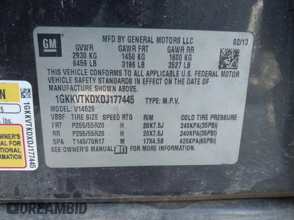 2013 GMC Acadia Denali with VIN 1GKKVTKDXDJ177445, listed as a IAAI auction lot 40875476 with 150,143 mi miles. Bid and sale history available at carsss.com. Image 9.