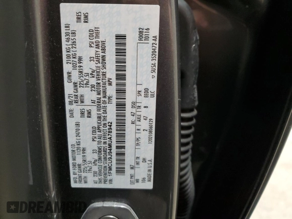 2021 Ford Escape Titanium with VIN 1FMCU9J94MUA78942, listed as a Copart auction lot 88119075 with 55,153 mi miles and Salvage Title. Bid and sale history available at carsss.com. Image 13.