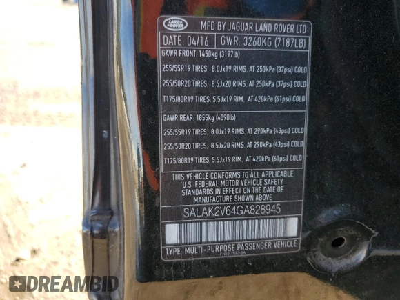 2016 Land Rover LR4 HSE Lux z VIN SALAK2V64GA828945, wystawiony jako Copart lot #84740554 z przebiegiem 108 135 mil mil oraz Szkoda całkowita • Salvage title. Historia ofert i sprzedaży dostępna na DreamBid. Obrazek 13.
