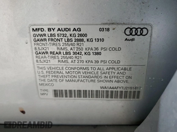 2018 Audi SQ5 Premium Plus with VIN WA1A4AFY7J2151817, listed as a Copart auction lot 80998964 with 51,759 mi miles and Salvage Title. Bid and sale history available at DreamBid. Image 14.