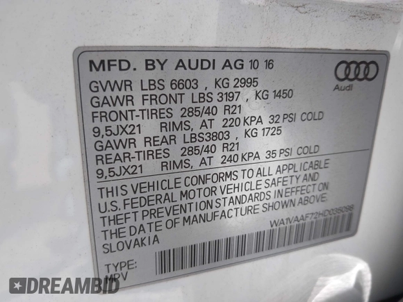 2017 Audi Q7 Prestige with VIN WA1VAAF72HD035098, listed as a IAAI auction lot 42664203 with 49,279 mi miles and . Bid and sale history available at DreamBid. Image 9.