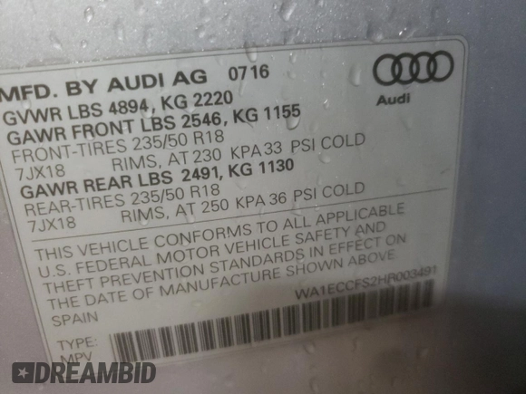 2017 Audi Q3 Premium z VIN WA1ECCFS2HR003491, wystawiony jako Copart lot #89381305 z przebiegiem 82 748 mil mil oraz Szkoda całkowita • Salvage title. Historia ofert i sprzedaży dostępna na DreamBid. Obrazek 14.