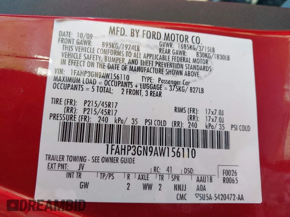 2010 Ford Focus SES with VIN 1FAHP3GN9AW156110, listed as a IAAI auction lot 42008652 with 203,931 mi miles. Bid and sale history available at carsss.com. Image 9.
