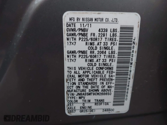 2012 Nissan Rogue S with VIN JN8AS5MT9CW268650, listed as a IAAI auction lot 41111132 with 187,553 mi miles and . Bid and sale history available at DreamBid. Image 9.
