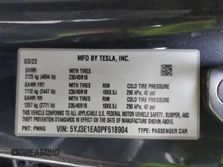 2023 Tesla Model 3 with VIN 5YJ3E1EA0PF518904, listed as a IAAI auction lot 42058540 with 20,945 mi miles and . Bid and sale history available at DreamBid. Image 9.