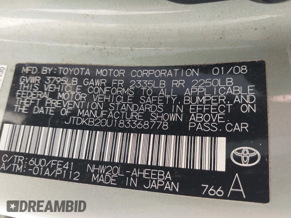 2008 Toyota Prius with VIN JTDKB20U183368778, listed as a IAAI auction lot 42027443 with Not Provided miles. Bid and sale history available at carsss.com. Image 9.