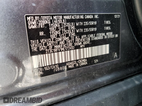 2021 Toyota RAV4 XLE Premium with VIN 2T3C1RFV1MC172493, listed as a Copart auction lot 61571255 with Not provided miles and Salvage title. Bid and sale history available at DreamBid. Image 13.