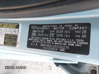2008 Hyundai Accent GLS with VIN KMHCN46C28U230274, listed as a IAAI auction lot 42427490 with 150,436 mi miles and . Bid and sale history available at DreamBid. Image 9.